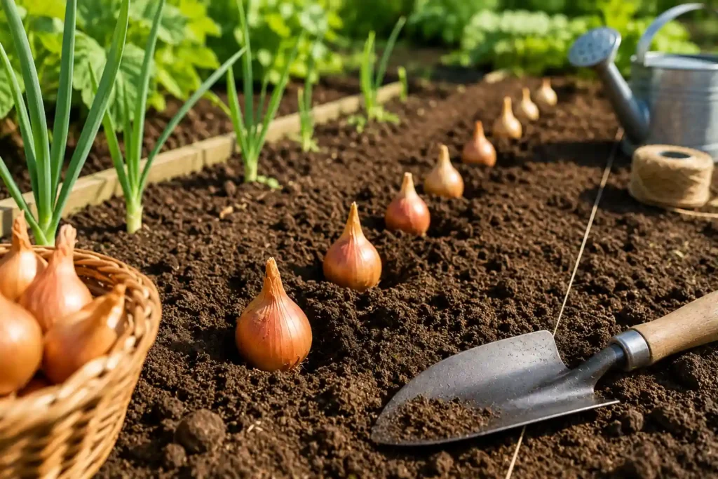 Plantation de bulbilles d'oignons dans un potager en plein soleil