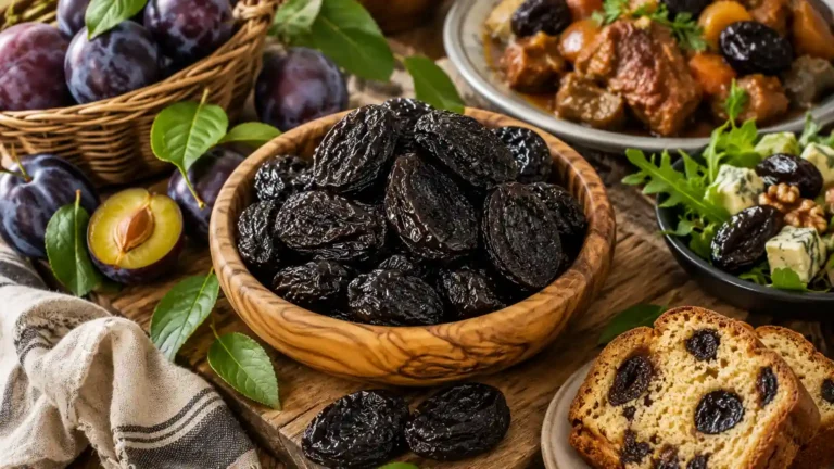 Pruneau d’Agen présenté avec des prunes d’Ente fraîches et différentes utilisations culinaires sur une table rustique