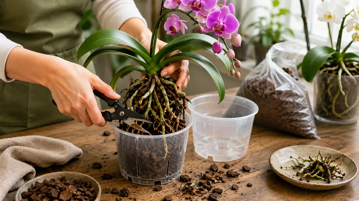 Rempotage des orchidées avec une personne taillant les racines abîmées avant de replacer un Phalaenopsis dans un pot transparent :::