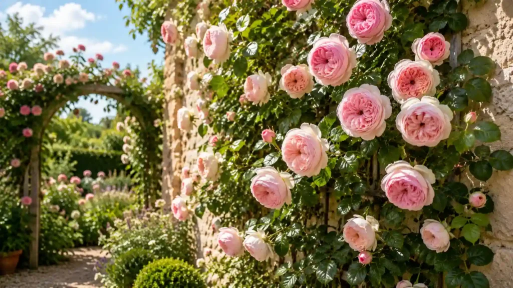 Rosier Pierre de Ronsard en pleine floraison sur un mur en pierre avec de grandes roses rose pâle dans un jardin ensoleillé.