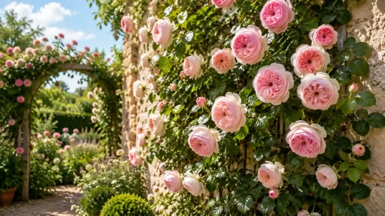 Rosier Pierre de Ronsard en pleine floraison sur un mur en pierre avec de grandes roses rose pâle dans un jardin ensoleillé.