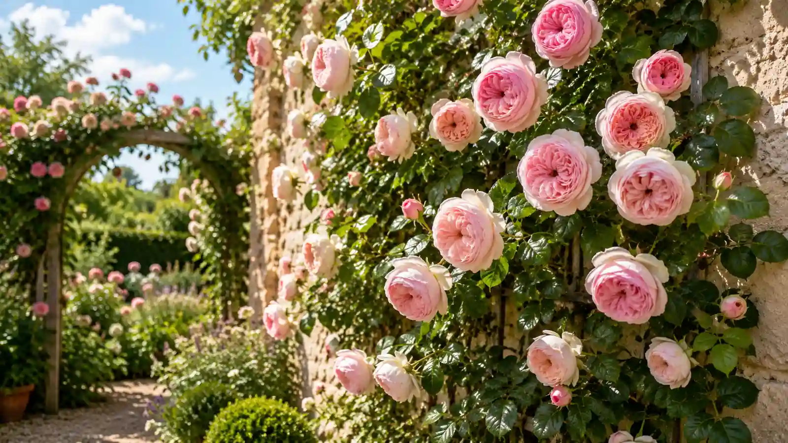 Rosier Pierre de Ronsard en pleine floraison sur un mur en pierre avec de grandes roses rose pâle dans un jardin ensoleillé.