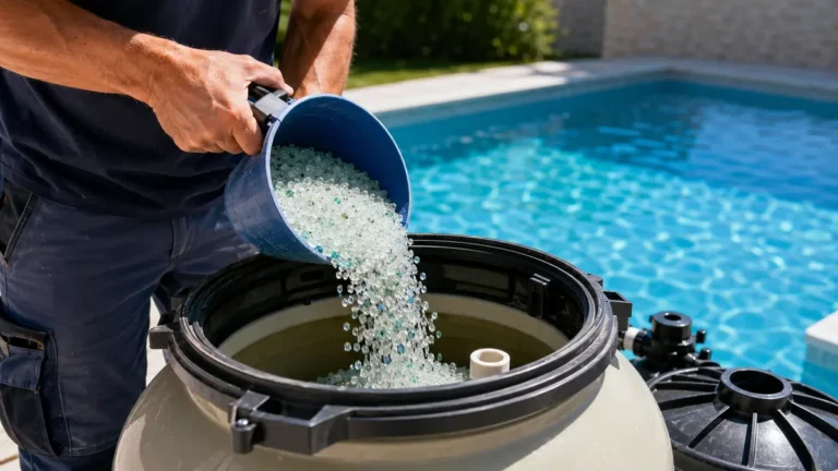 Choix sable ou verre filtre piscine avec un technicien versant du verre filtrant dans un filtre ouvert