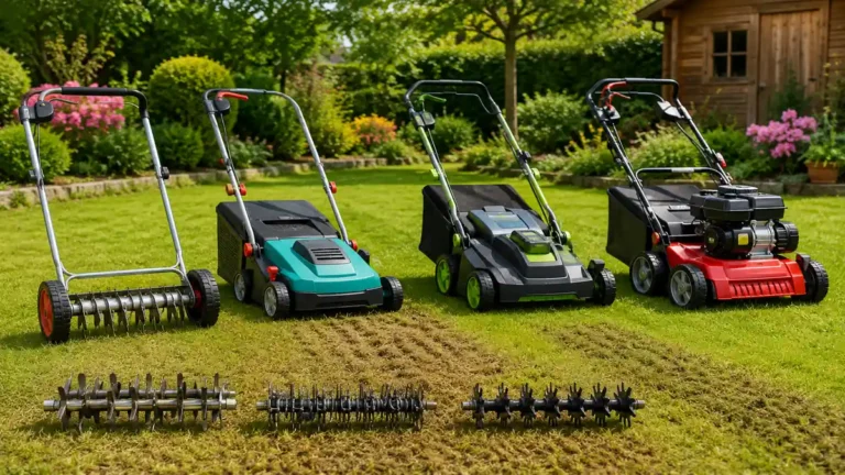 Différents modèles de scarificateur gazon installés sur une pelouse avec rouleaux à lames et à griffes
