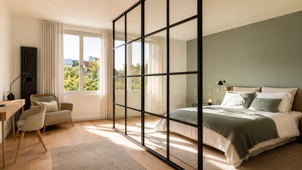 Chambre séparée en deux avec une seule fenêtre grâce à une verrière intérieure qui laisse passer la lumière naturelle