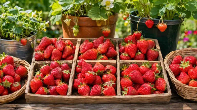 Tableau des variétés de fraisiers avec différentes fraises mûres et plants de fraisiers au potager pour comparer les principales variétés remontantes et non remontantes.