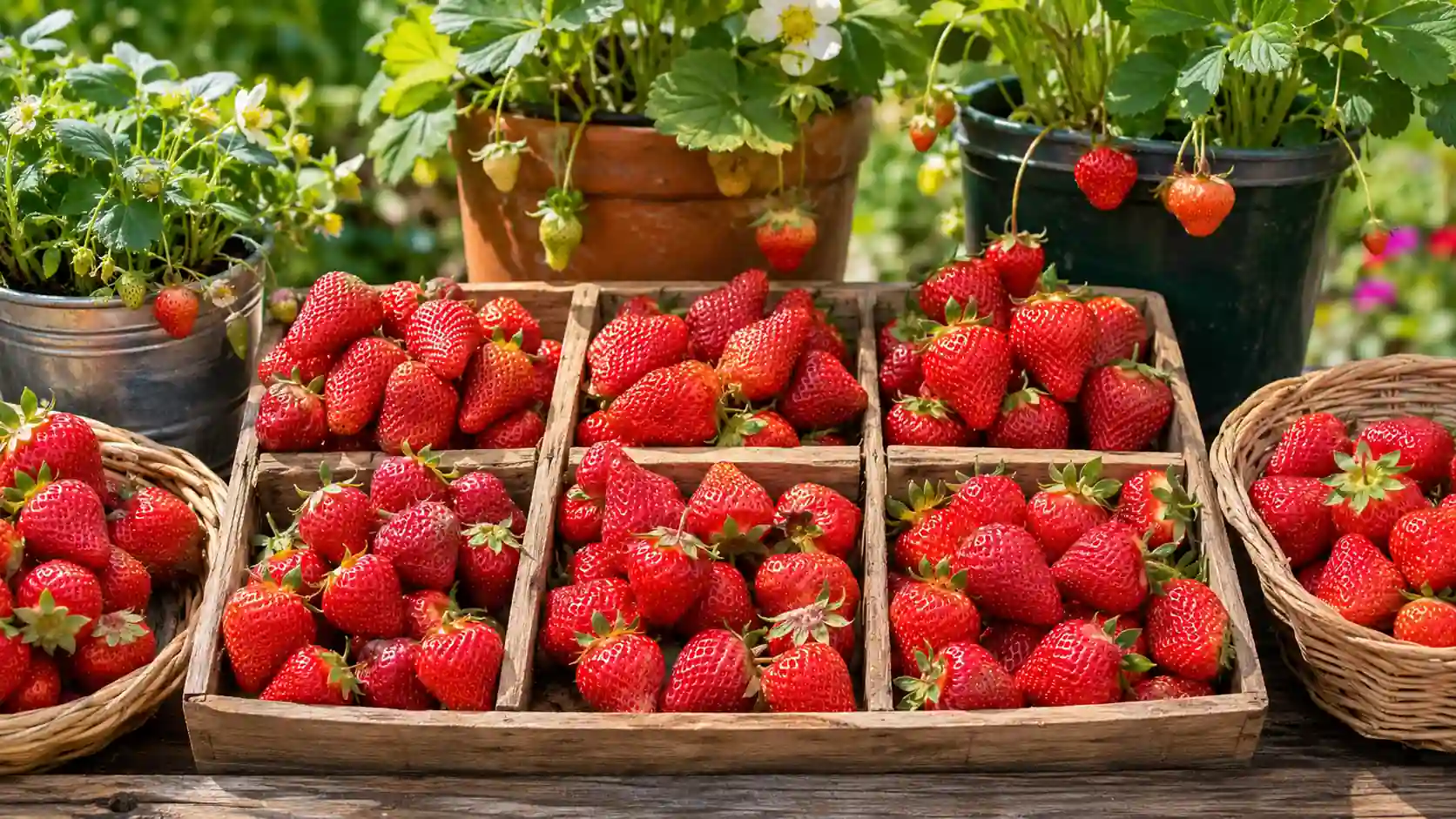 Tableau des variétés de fraisiers avec différentes fraises mûres et plants de fraisiers au potager pour comparer les principales variétés remontantes et non remontantes.