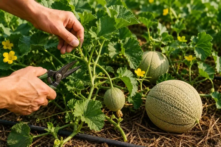 Taille des melons au potager avec pincement de la tige principale et des rameaux secondaires pour favoriser la production de gros melons sucrés.