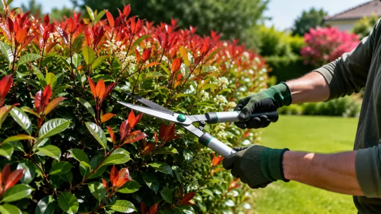 Jardinier réalisant la taille des photinias avec une cisaille sur une haie aux jeunes pousses rouges